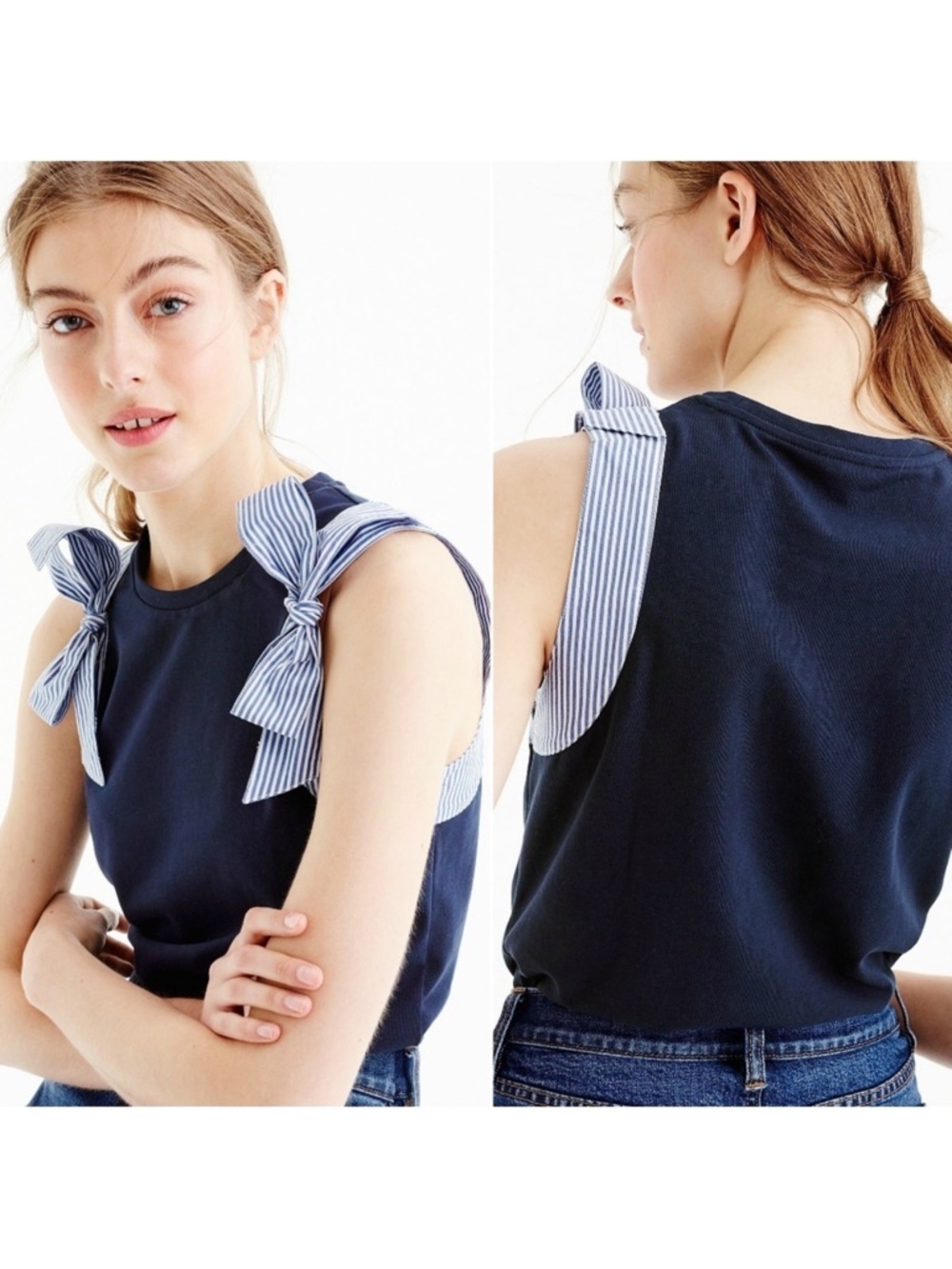 J. CREW NWT Navy Nautical Cotton Striped Business Casual Bow Muscle Tank Top